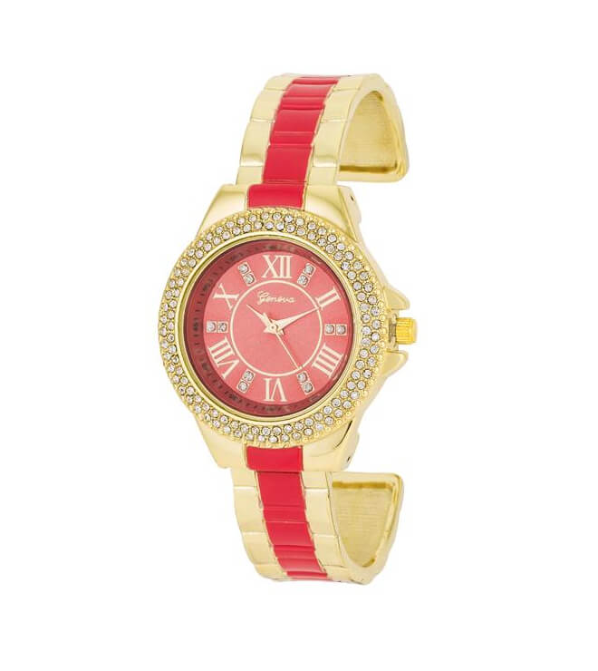 Gold Metal Cuff Watch With Crystals - Coral