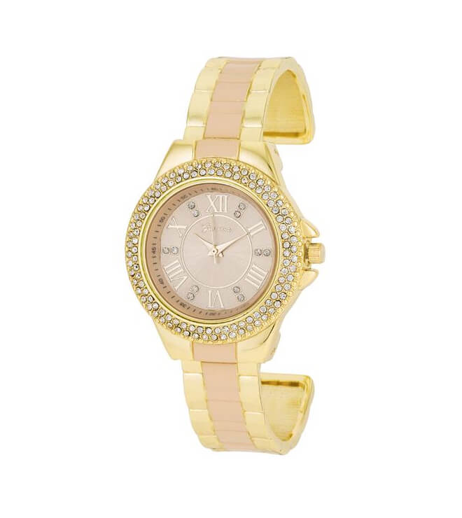 Gold Metal Cuff Watch With Crystals - Beige