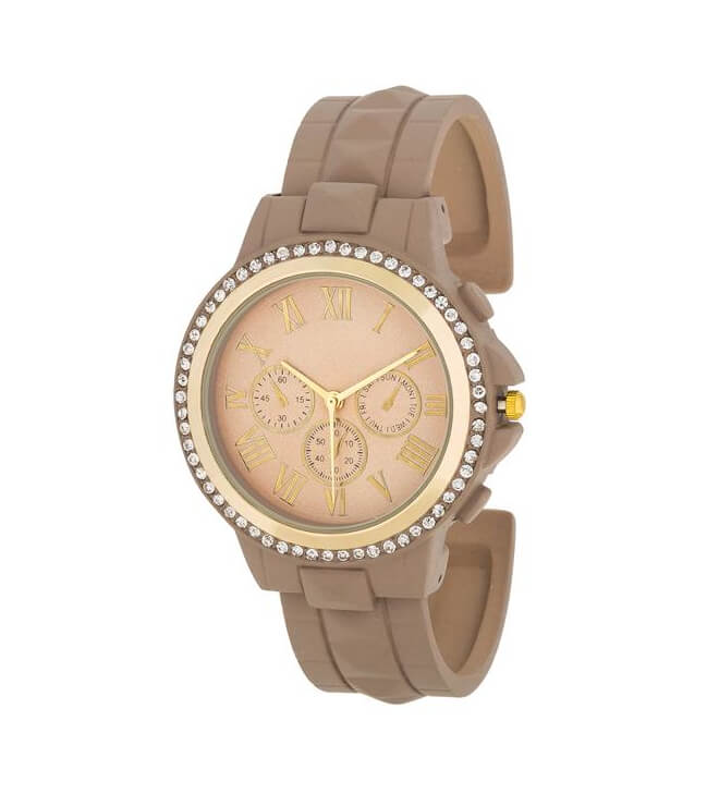 Ava Gold Taupe Metal Watch With Crystals