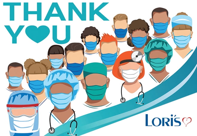 Illustration of diverse healthcare workers wearing masks, with the text 'Thank You' at the top and the 'Loris' logo at the bottom right.