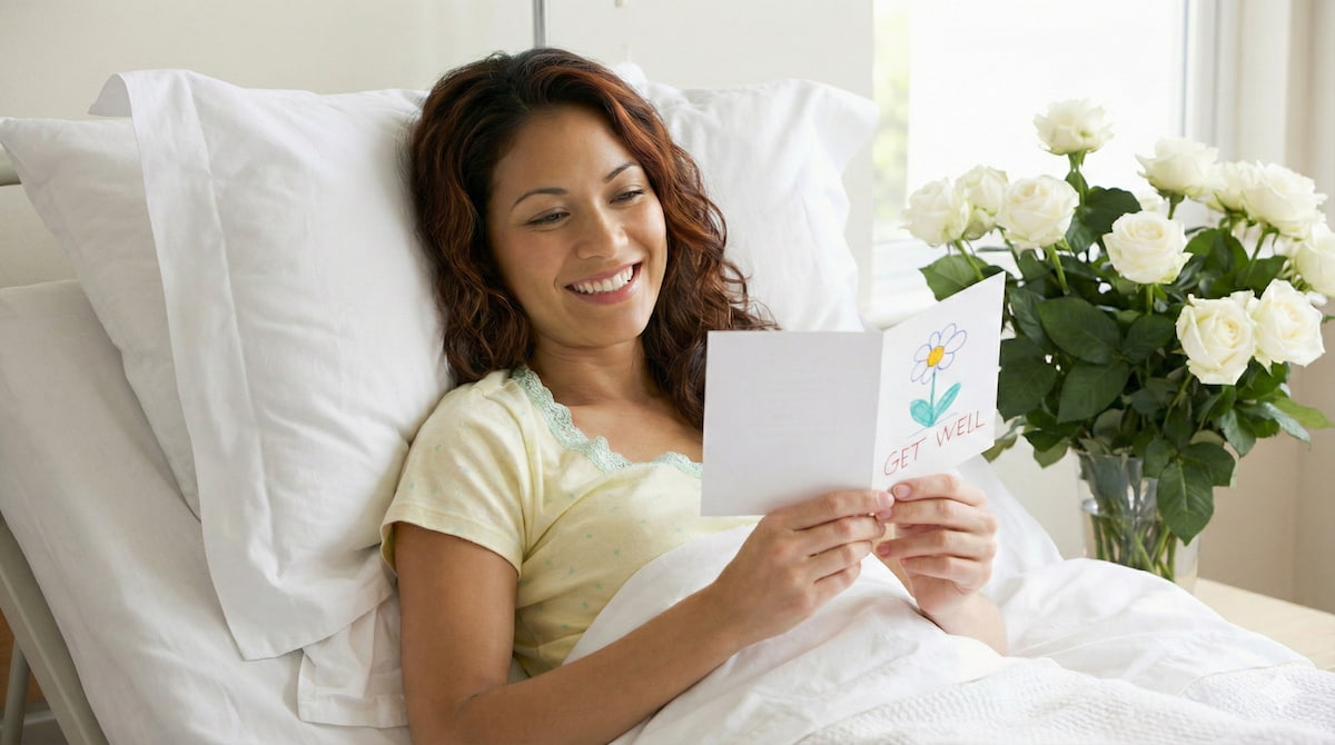Woman reading gift card in bed