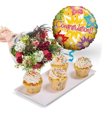 Celebration Cupcakes, Flowers, & Balloon Gift Bundle