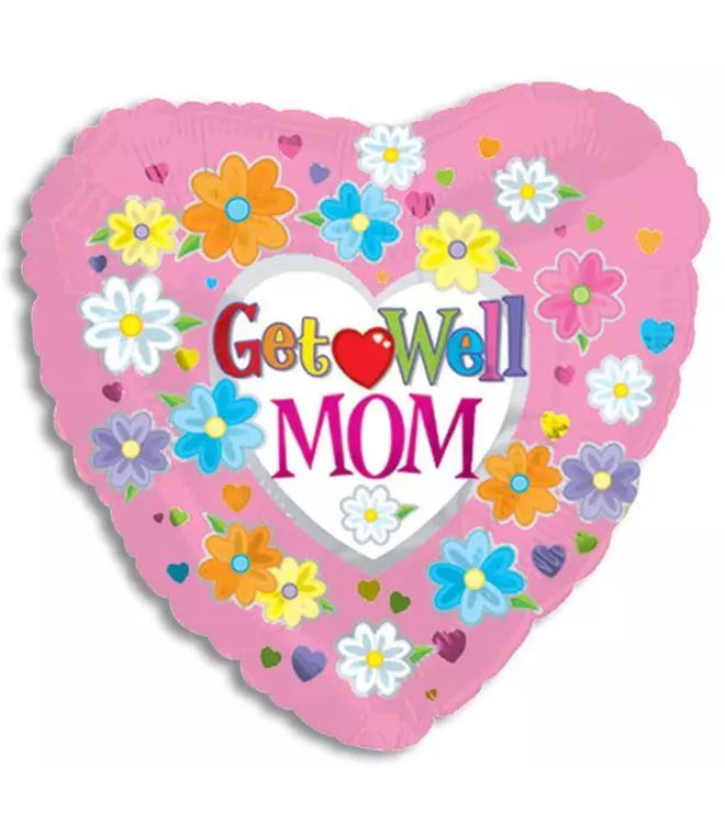 Get Well Mom Heart and Flowers Balloon