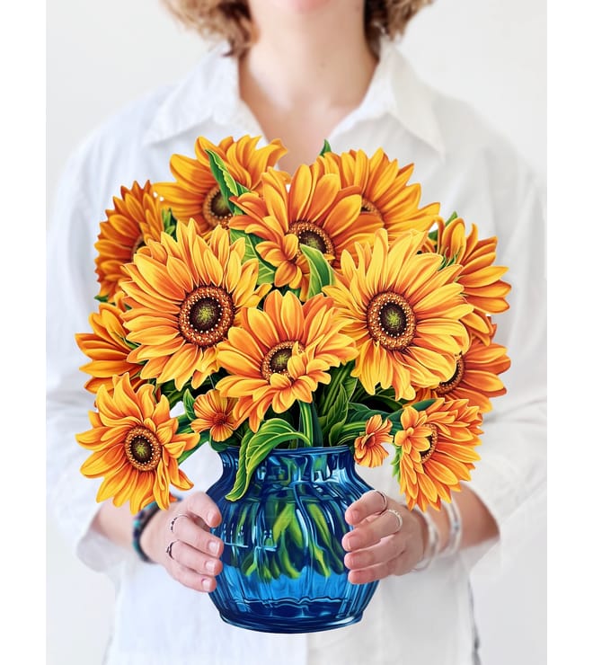 FreshCut Paper Sunflowers Blue Vase