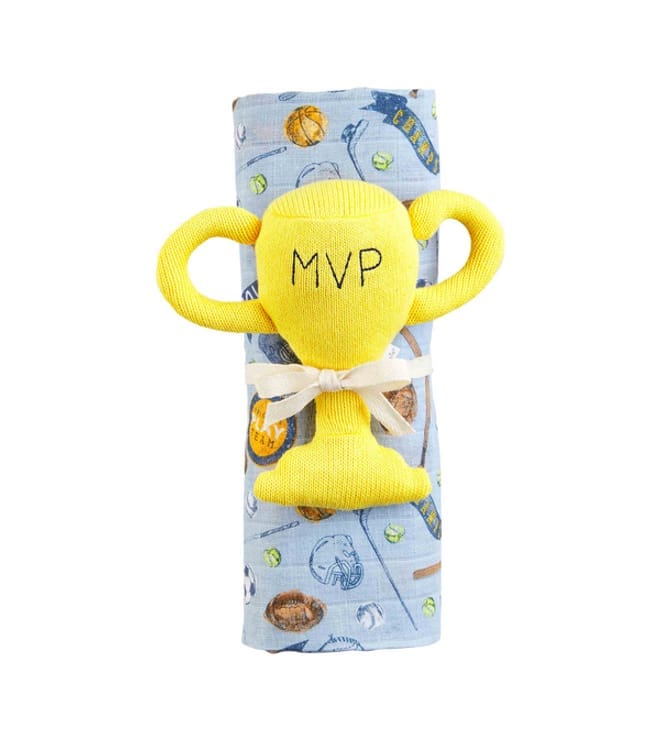 SPORTS SWADDLE AND RATTLE SET
