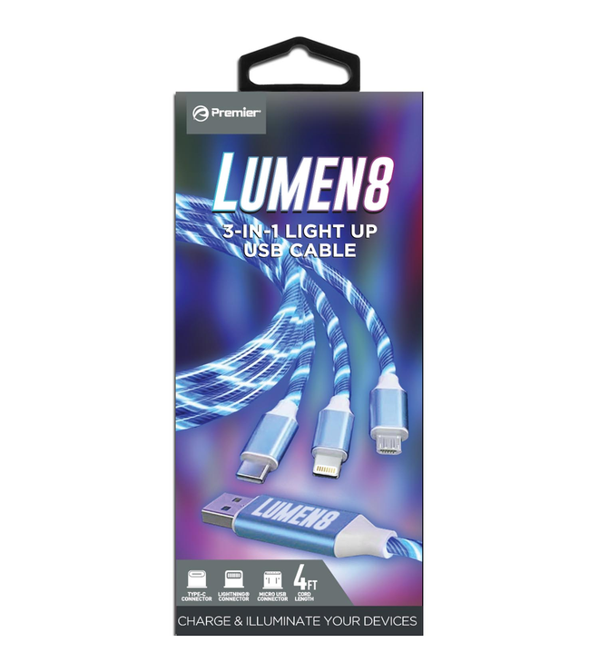Lumen 8 Light Up 3n1 4ft Cable Blue