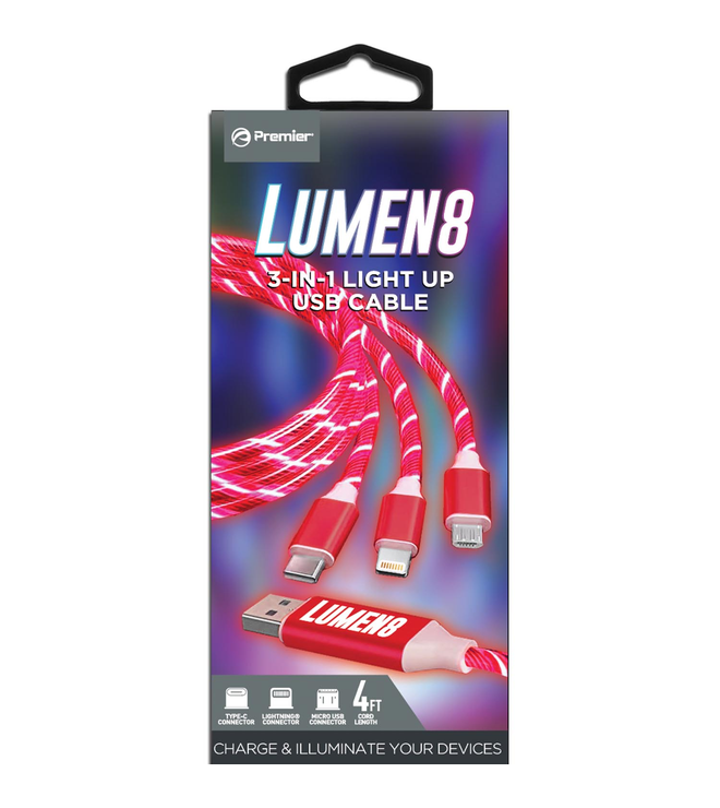 Lumen 8 Light Up 3n1 4ft Cable - Red